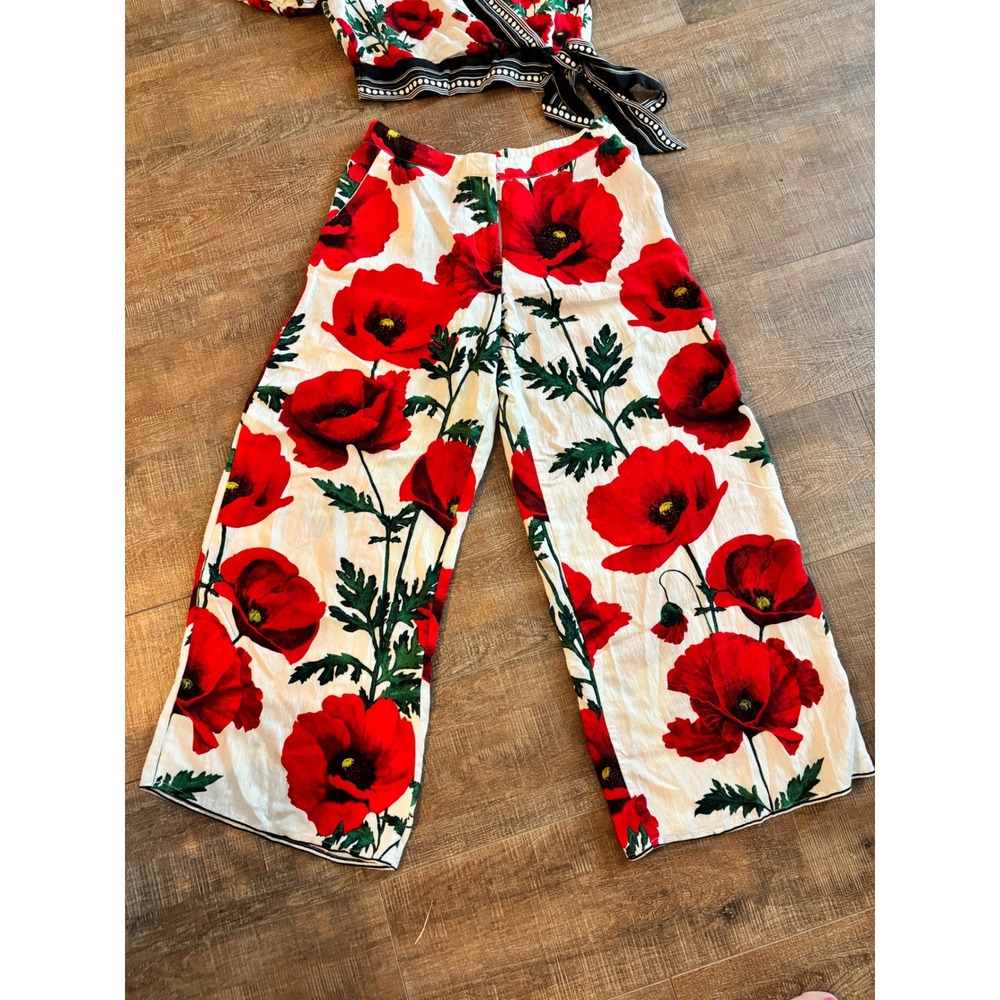 Lulumari Women Red Poppy Floral 2 Piece Set Wrap Crop Top Wide Leg Pants Large - Picture 4 of 6